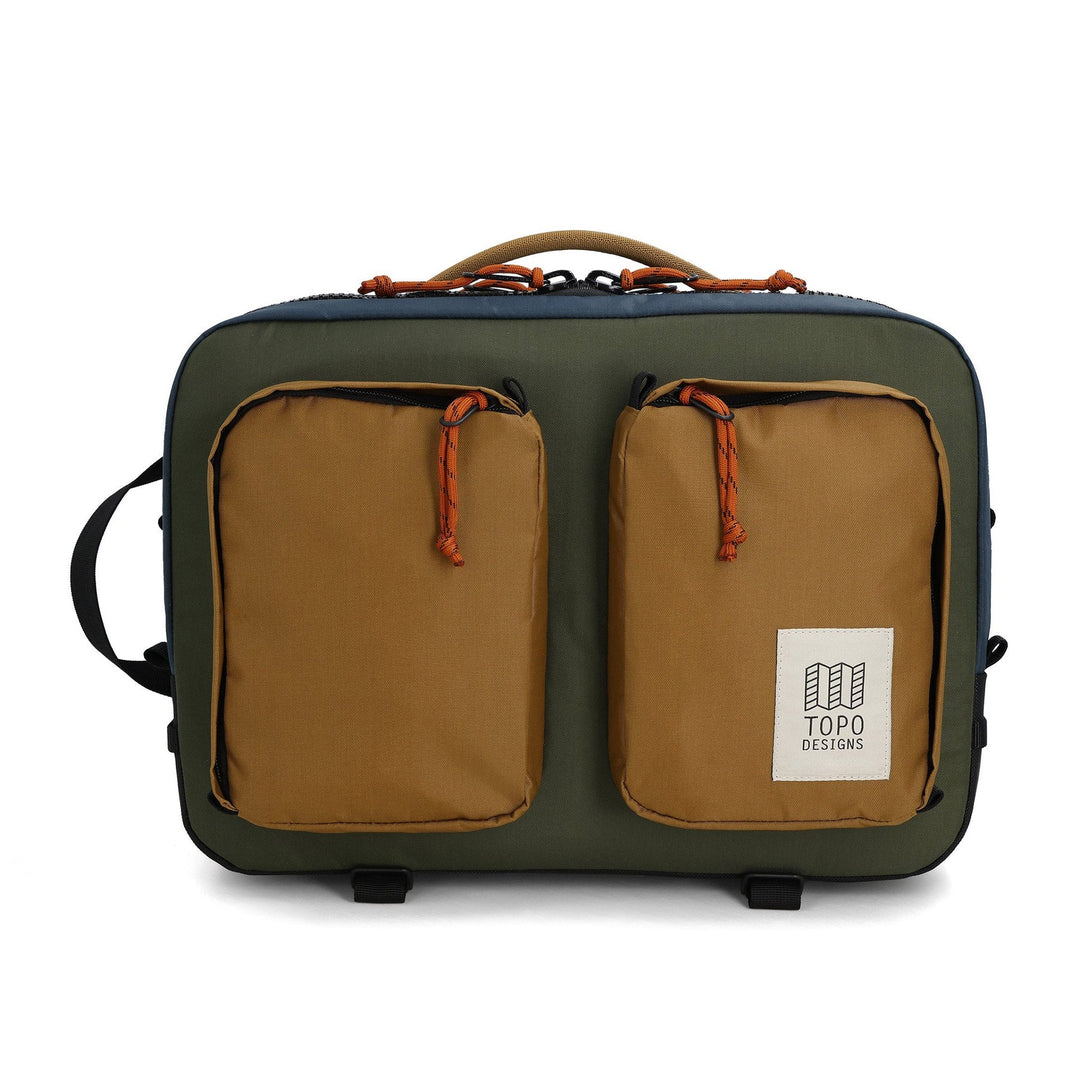 Topo Designs Global Briefcase 20L in Olive and Dark Khaki — front view with khaki front pockets and orange zip pulls