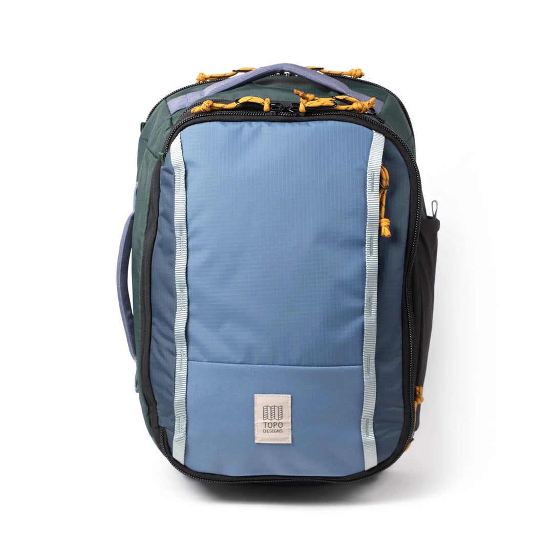 Global Travel Backpack by Topo Designs in stone blue and forest, front view