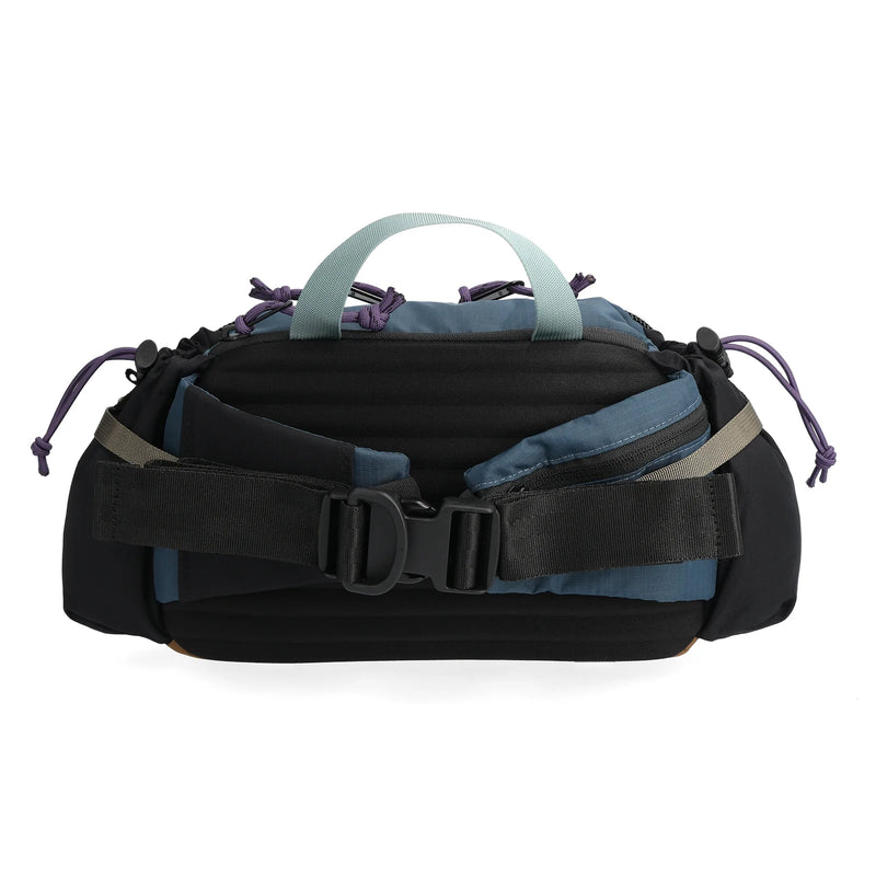 topo designs mountain hydro hip pack 4.4L, pond blue and spice color, back view