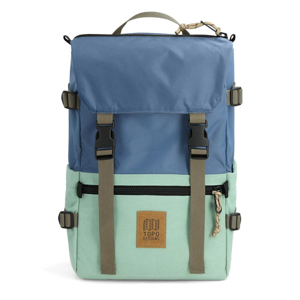 Topo Designs Rover Pack Classic 20L in stone blue and ash green — front view with two-tone color blocking