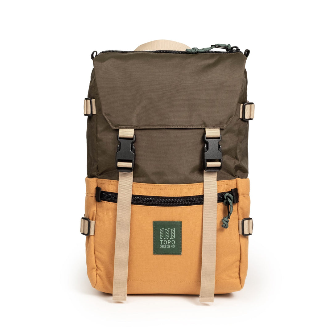 Topo Designs Rover Pack Classic 20L in Woodland and Brown Oak — front view with cinch buckles and leather logo patch