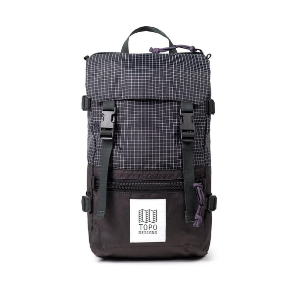 Topo Designs Rover Pack Mini in black and grid — front view with white grid ripstop flap