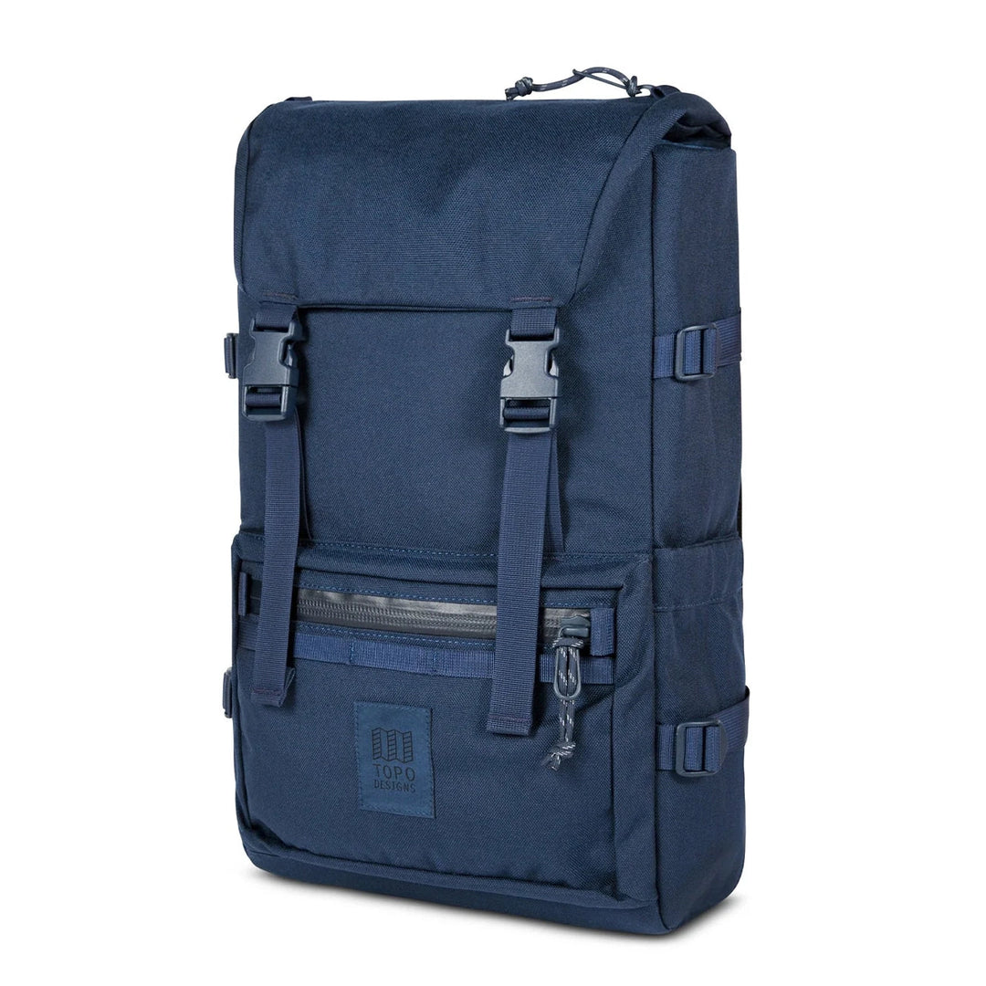 The Rover Pack Tech in navy — three-quarter angle showing the streamlined silhouette