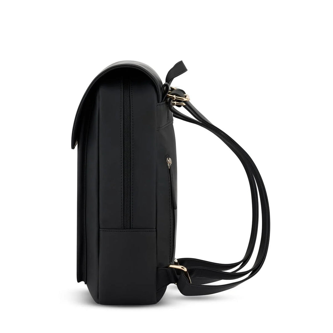 Side profile of the Tromso backpack highlighting the slim depth, side zip pocket and gold hardware
