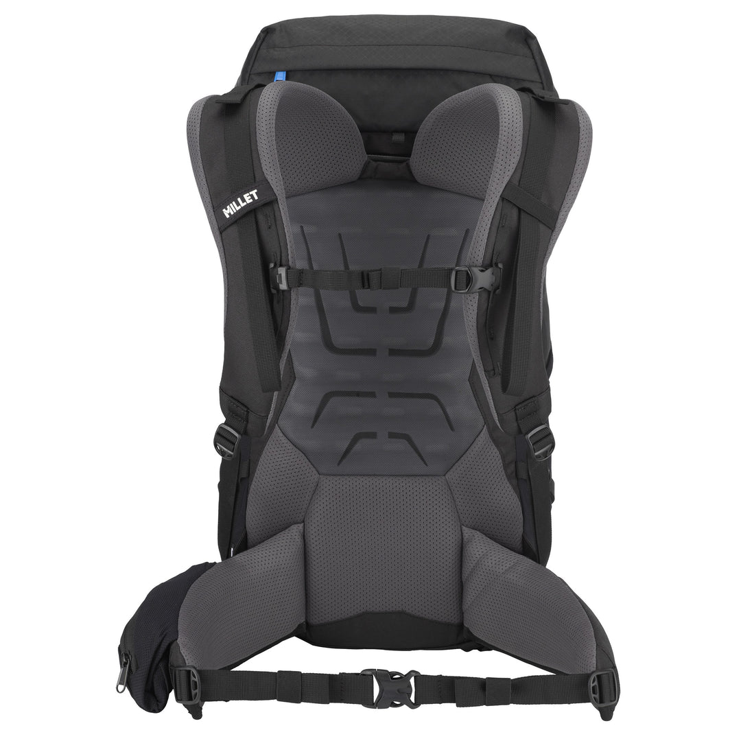 Millet UBIC 30L in black — back panel, harness and padded hip belt