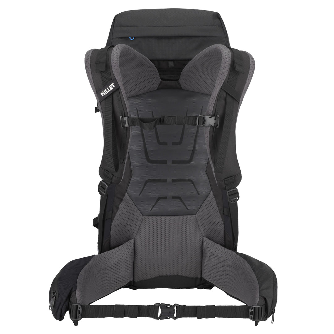 Millet UBIC 40L in black — back panel, harness and padded hip belt
