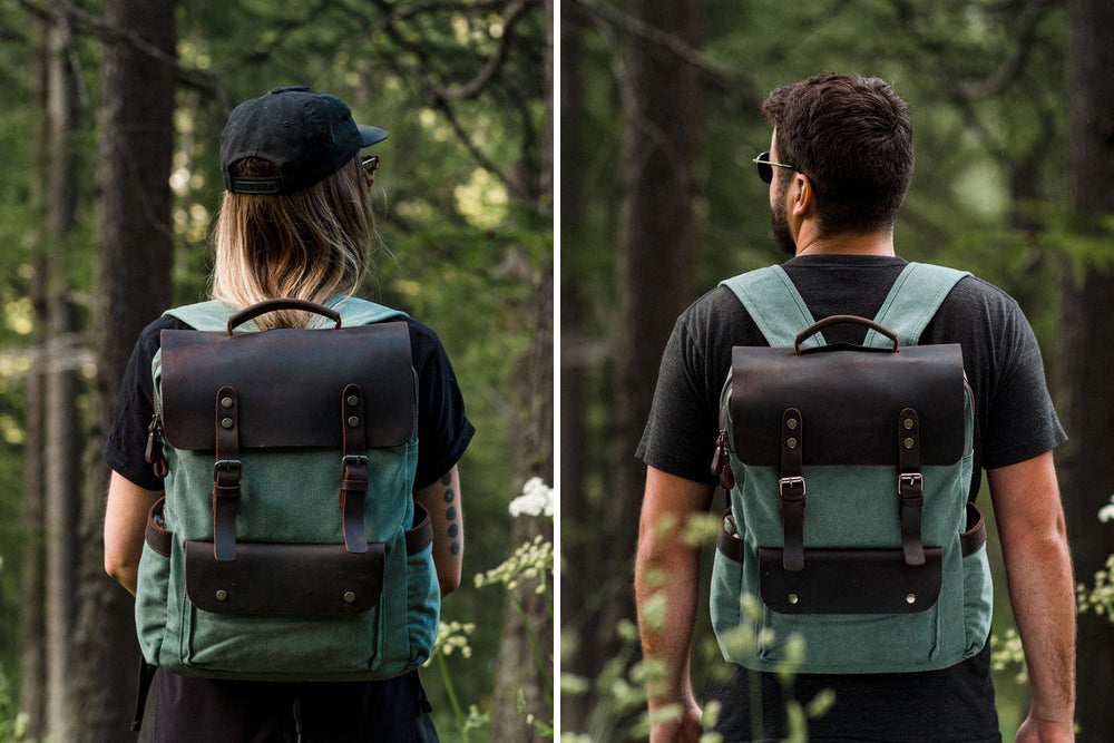 unisex designs canvas backpacks wore by a man and a women