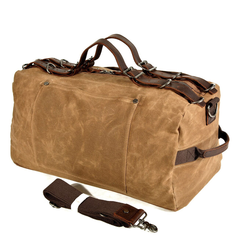 vintage khaki canvas sports duffle bag side