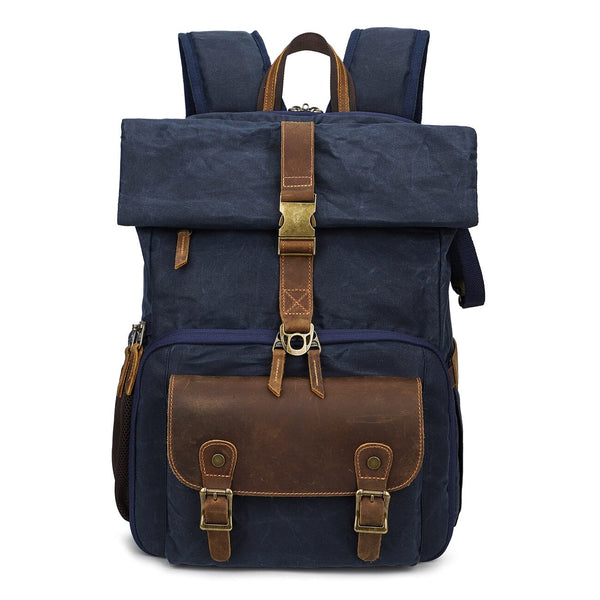 Vintage style camera backpack, Kilimandjaro model in navy blue, front view