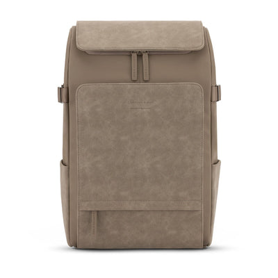 Front view of the walnut-colored vegan backpack with clean lines and structured silhouette for everyday or travel use