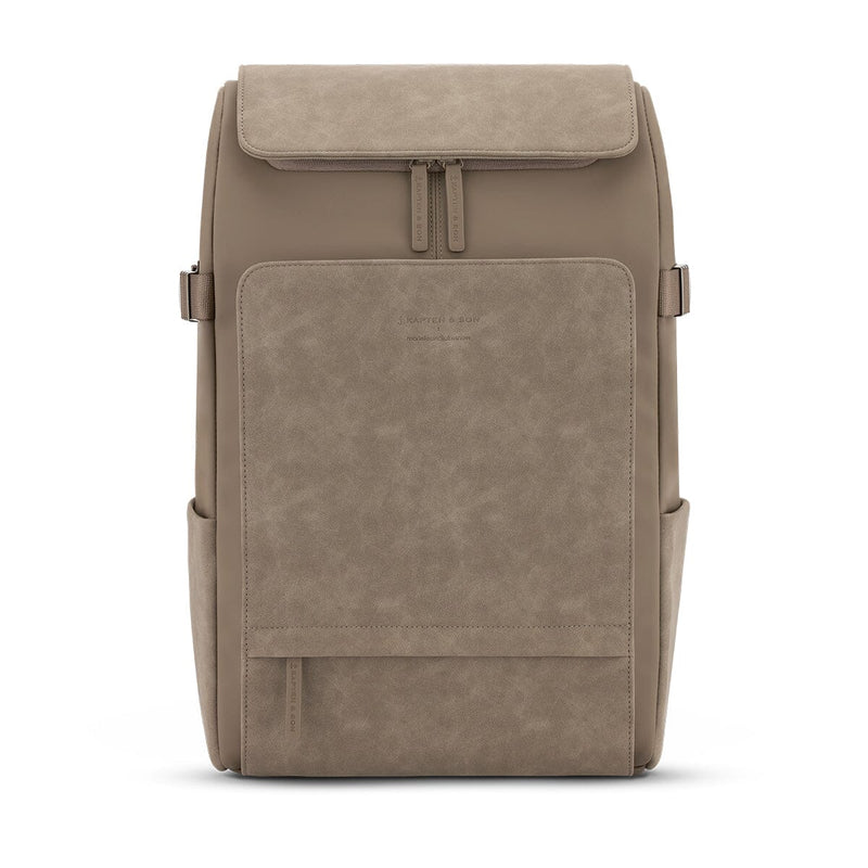 Front view of the walnut-colored vegan backpack with clean lines and structured silhouette for everyday or travel use
