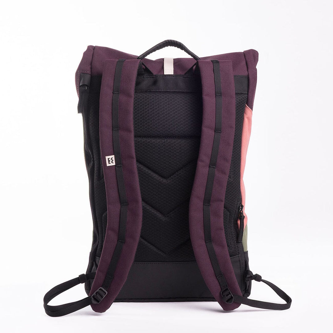 Rear view of the Wanaka Pocket in aubergine, blossom pink and cypress green