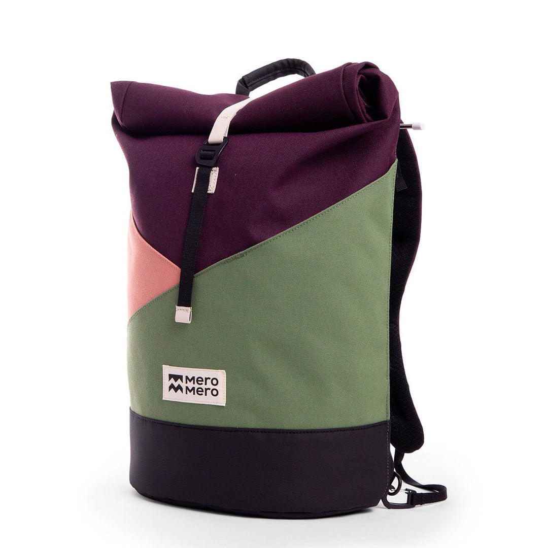Side view of the Wanaka Pocket in aubergine, blossom pink and cypress green