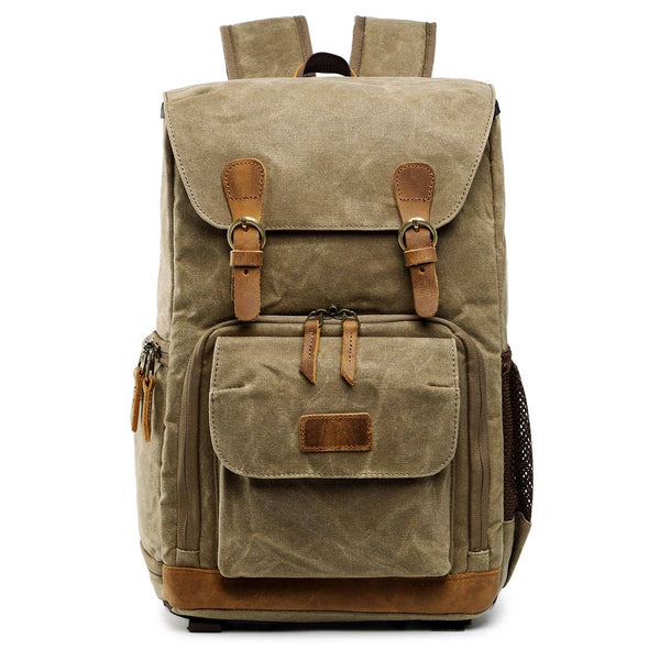 Zaino Fotografico DR F In Tela Vintage E Pelle – Capacità Per 1 Corpo Macchina + 4 Obiettivi, 31x18x45 Cm, Cachi/Verde/Giallo