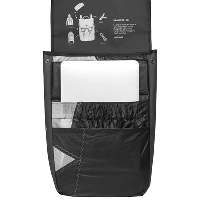 waterproof recycled backpack interior view padded laptop sleeve