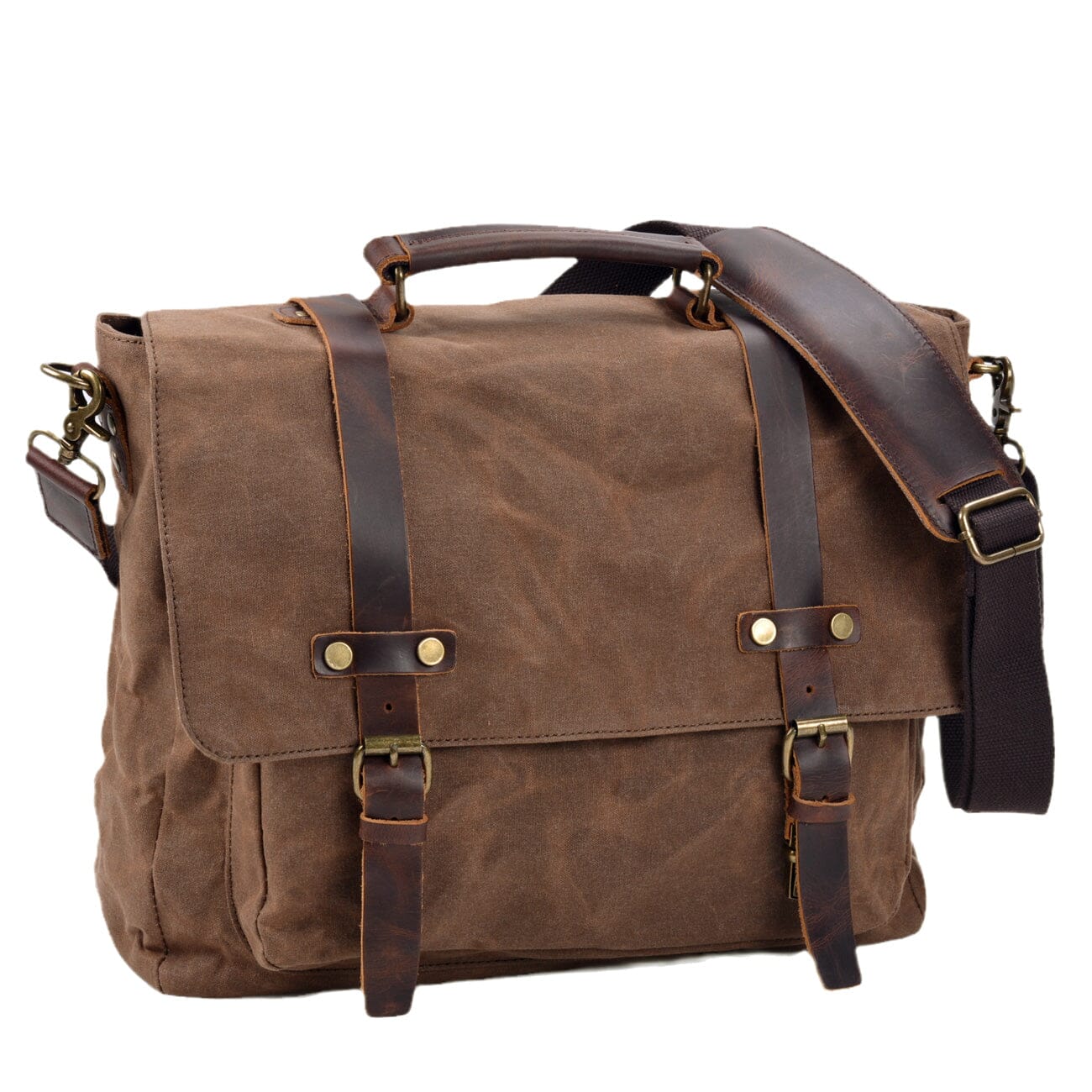 waxed canvas and leather messenger bag leather straps reinforced rivet top handle