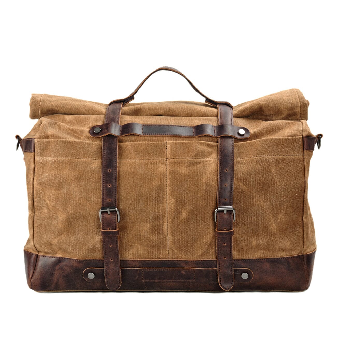 waxed canvas duffle bag, khaki, vintage leather accents