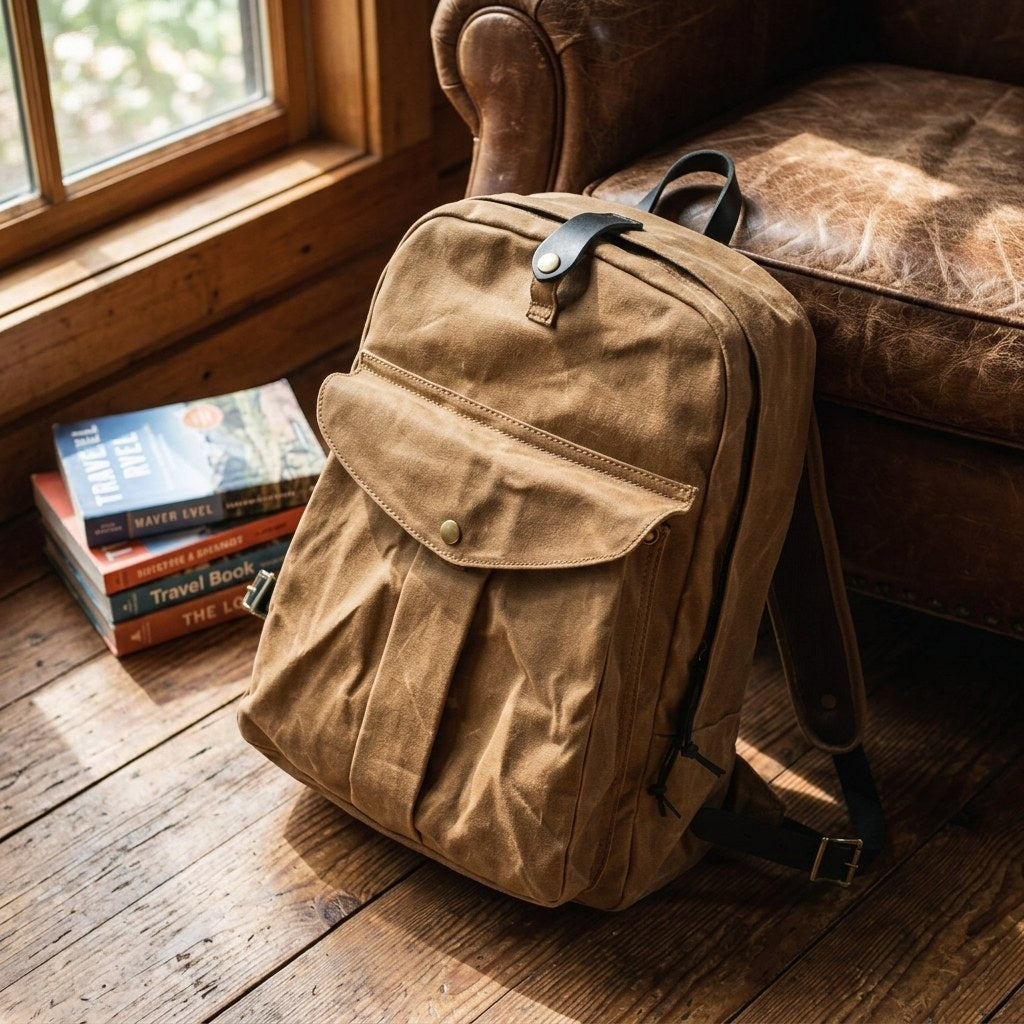 Waxed canvas laptop backpack in khaki standing on a wooden floor beside a brown leather sofa and a stack of travel books in warm window light — Eiken Ystad