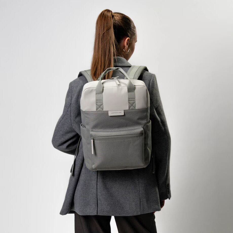 woman wearing muted sage bergen pro backpack kapten son