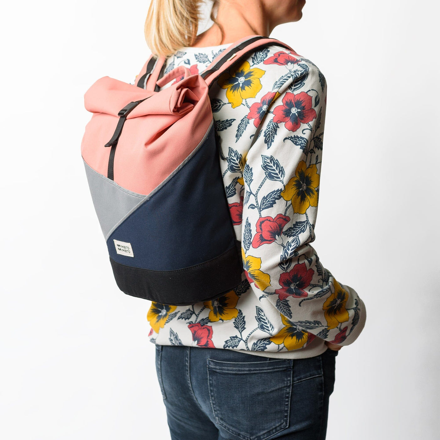 women recycled roll top compact sustainable backpack