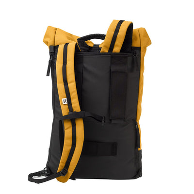 yellow eco eco friendly backpack mero mero breathable mesh back pannel adjustable shoulder straps back view