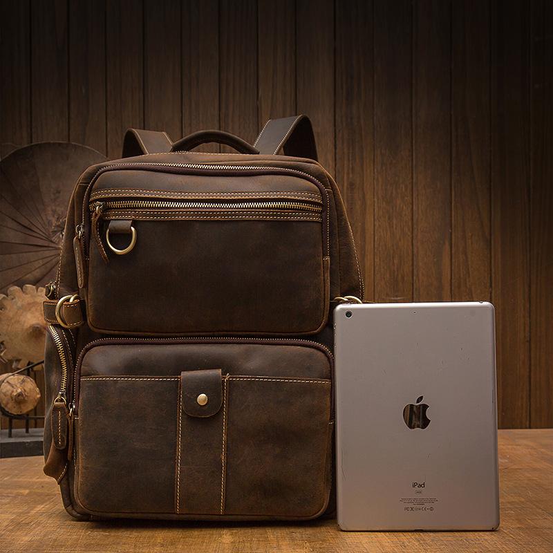 brown leather backpack