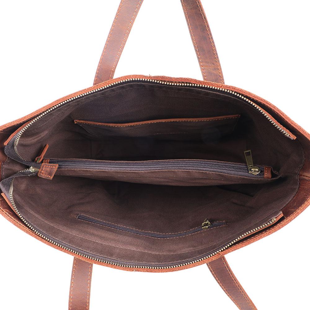 Coffee Leather Tote Bag inside compartments