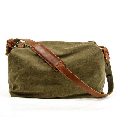 sac de voyage souple, vert clair, toile canvas naturelle et cuir vintage