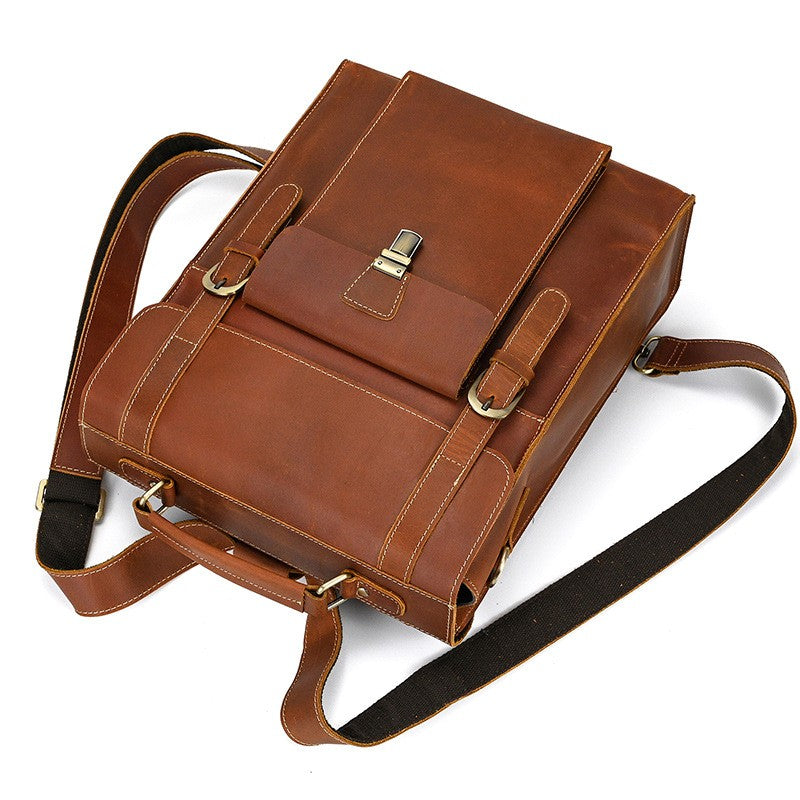 Lnndong Handmade Leather Wooden Messenger Bag, Convertible Leather Shoulder Backpack, 8.6 * 7 * 2.3 Inches, Unisex Leather Bag, Painter Backpack, Writer
