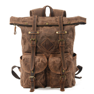 Hipster backpack, coffee brown, waxed canvas with leather trim