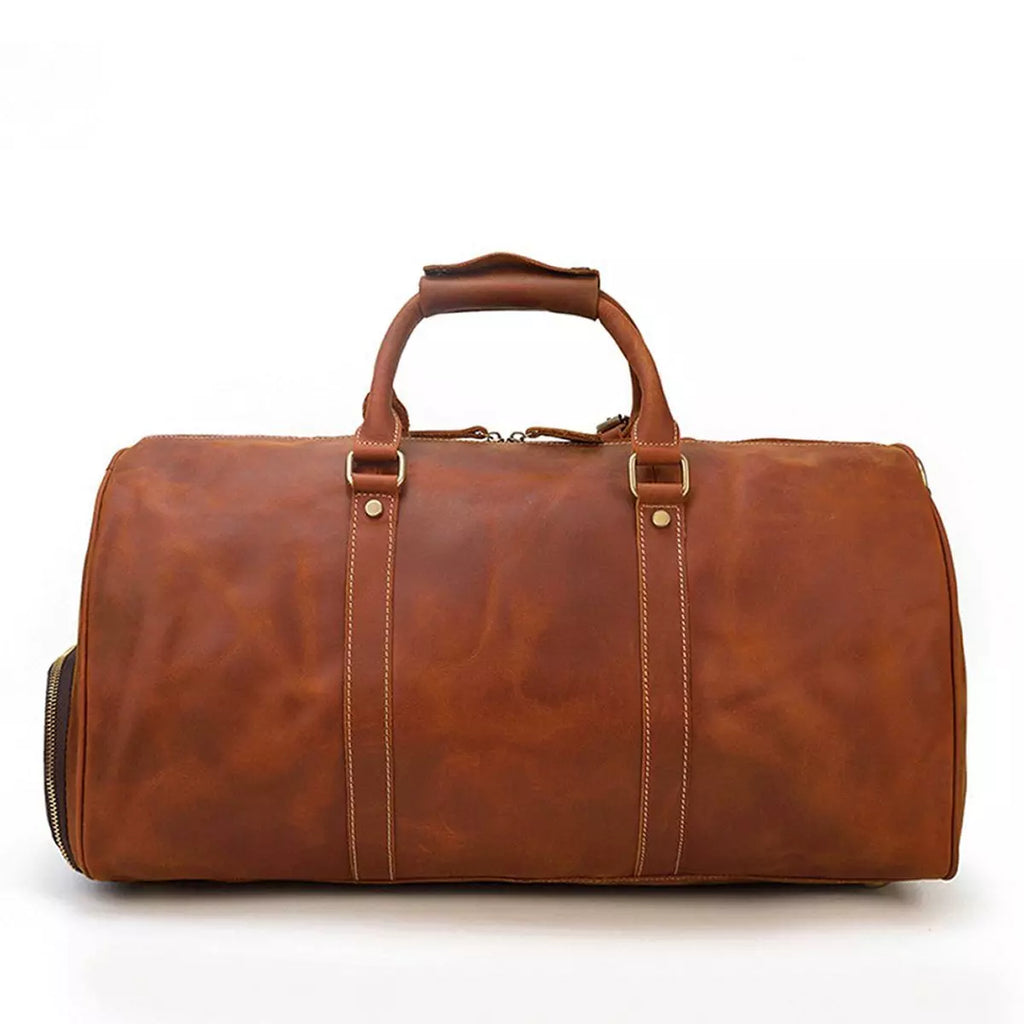 Personalized leather duffel bag with shoe compartment, handmade leather  weekender bag, leather overnight bag, Holdall