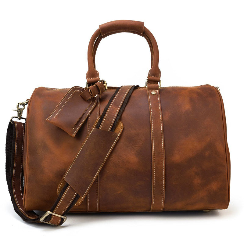 brown leather duffle bag