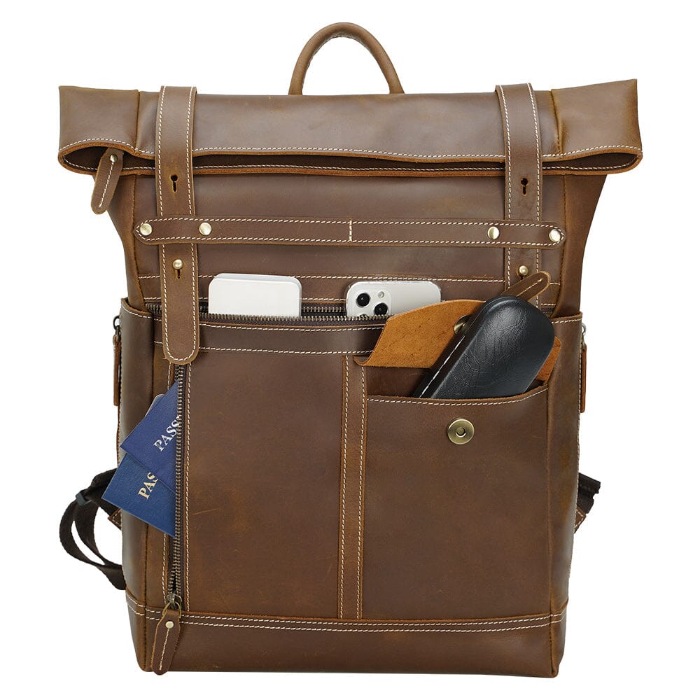 brown leather laptop backpack