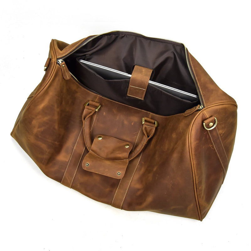 brown leather weekender bag