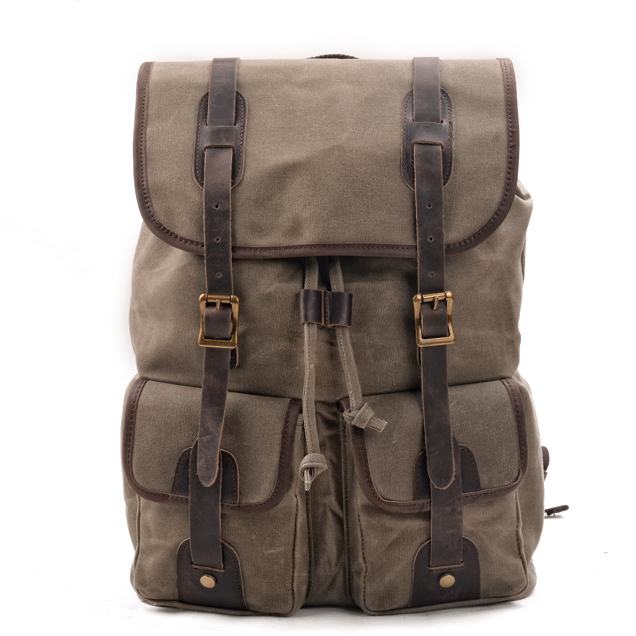 Canvas travel backpack, army green, waxed canvas with leather trim