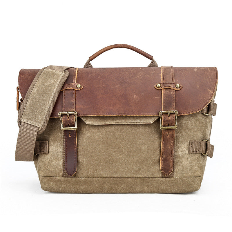 camera messenger bag, khaki, waxed canvas and crazy horse leather