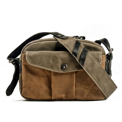 camera side bag, army green, waxed canvas and black pull up leather