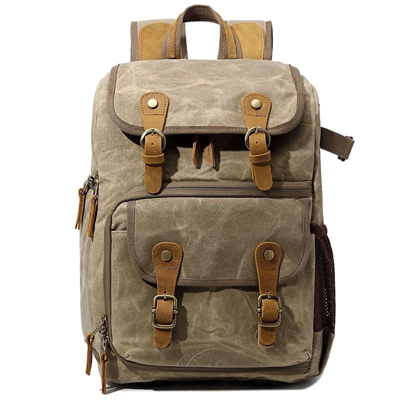 Canvas camera bag in khaki with crazy horse leather flap, padded interior dividers and brass buckle closures, Eiken Vilnius model