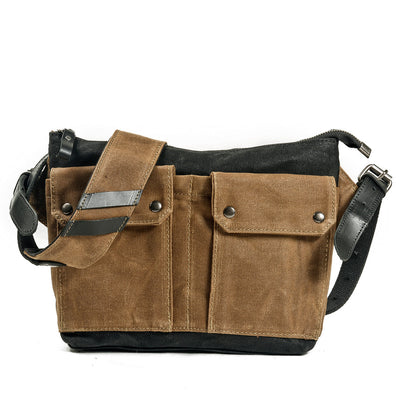 canvas crossbody bag, khaki, waxed canvas and black cow leather