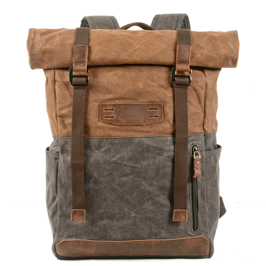 Canvas daypack in coffee with leather flap and brass buckles, lightweight cotton canvas daypack — Eiken Dublin
