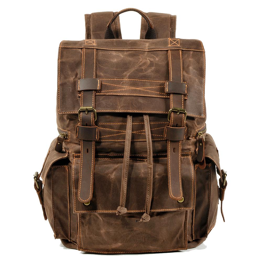 backpack buckles travel drawstring Canvas Drawstring Rucksack - Coffee - Waxed Canvas & Leather Accents - 20L - 15.6" Laptop Pocket