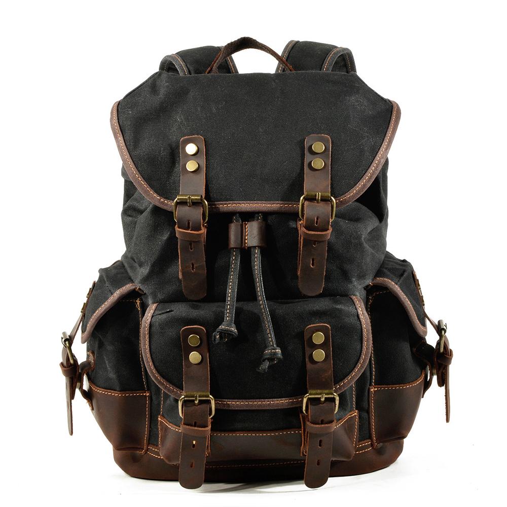 best canvas hiking backpack Canvas Hiking Backpack - Black - Vintage Retro Rucksack - 15.6" Laptop Sleeve - Waxed Canvas & Leather