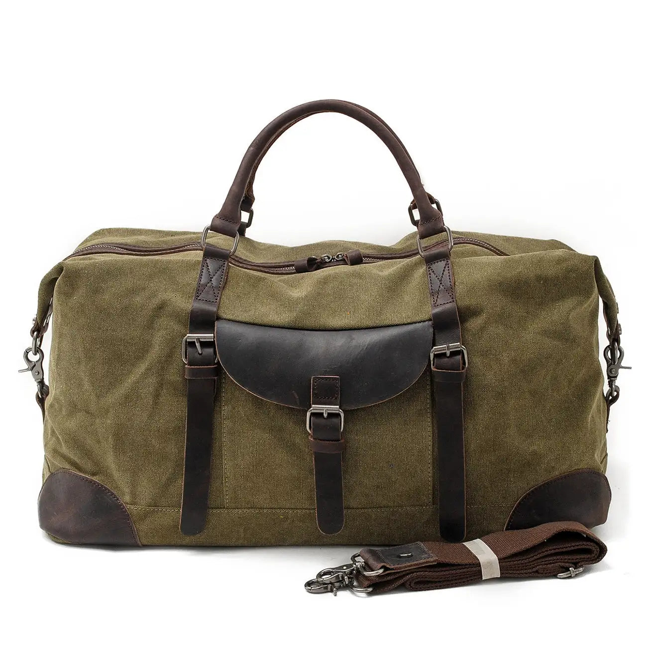 canvas overnight bag, light green, cotton canvas and pull up leather