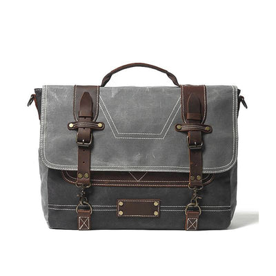 canvas shoulder bag, grey, waxed canvas and full grain leather accents