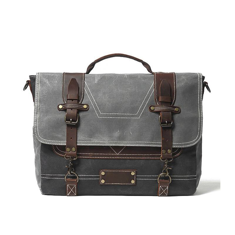 sac bandoulière toile cirée homme, gris, toile enduite déperlante et cuir véritable