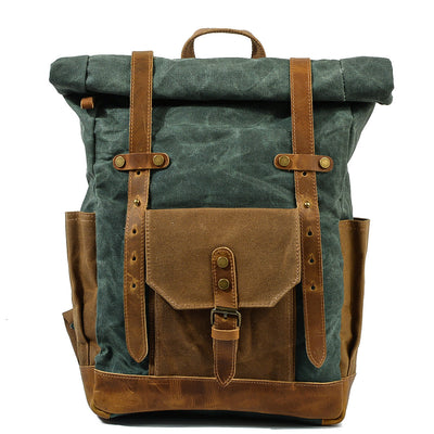 sac à dos vintage roll top pour ordinateur portable en vert émeraude, toile de coton cirée et cuir véritable tanné marron