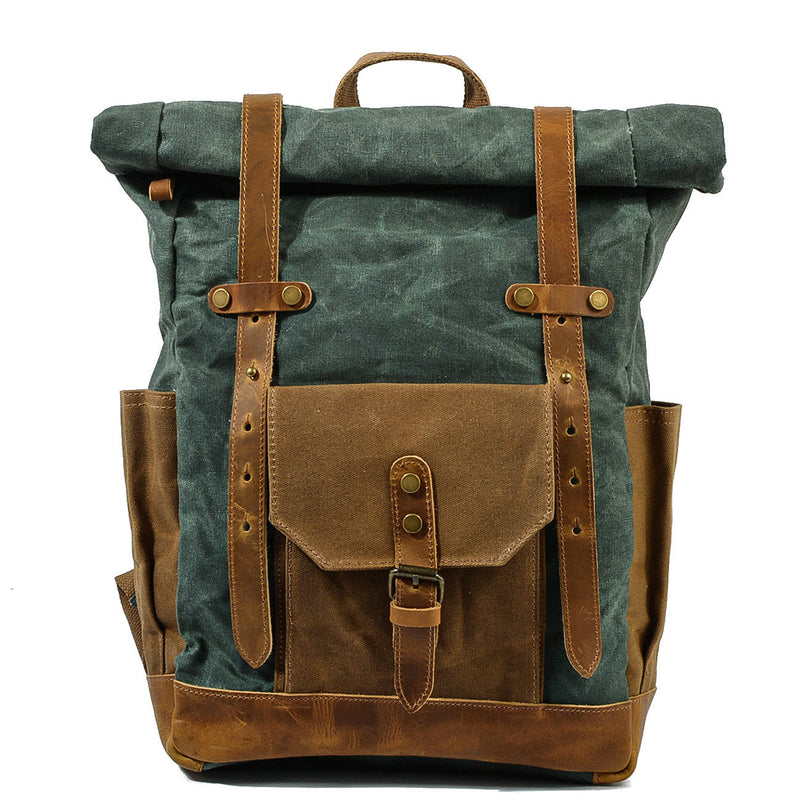 Roll-top rucksack, emerald green, waxed canvas with authentic brown leather