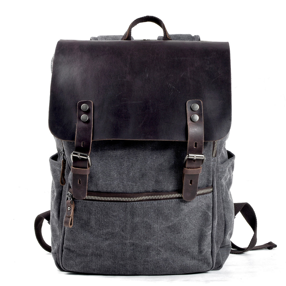 Cotton canvas backpack in dark grey with crazy horse leather flap and twin leather strap closures, Eiken Milan model