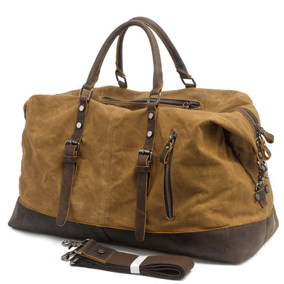 khaki cotton canvas duffle bag with removable and adjustable shoulder strap