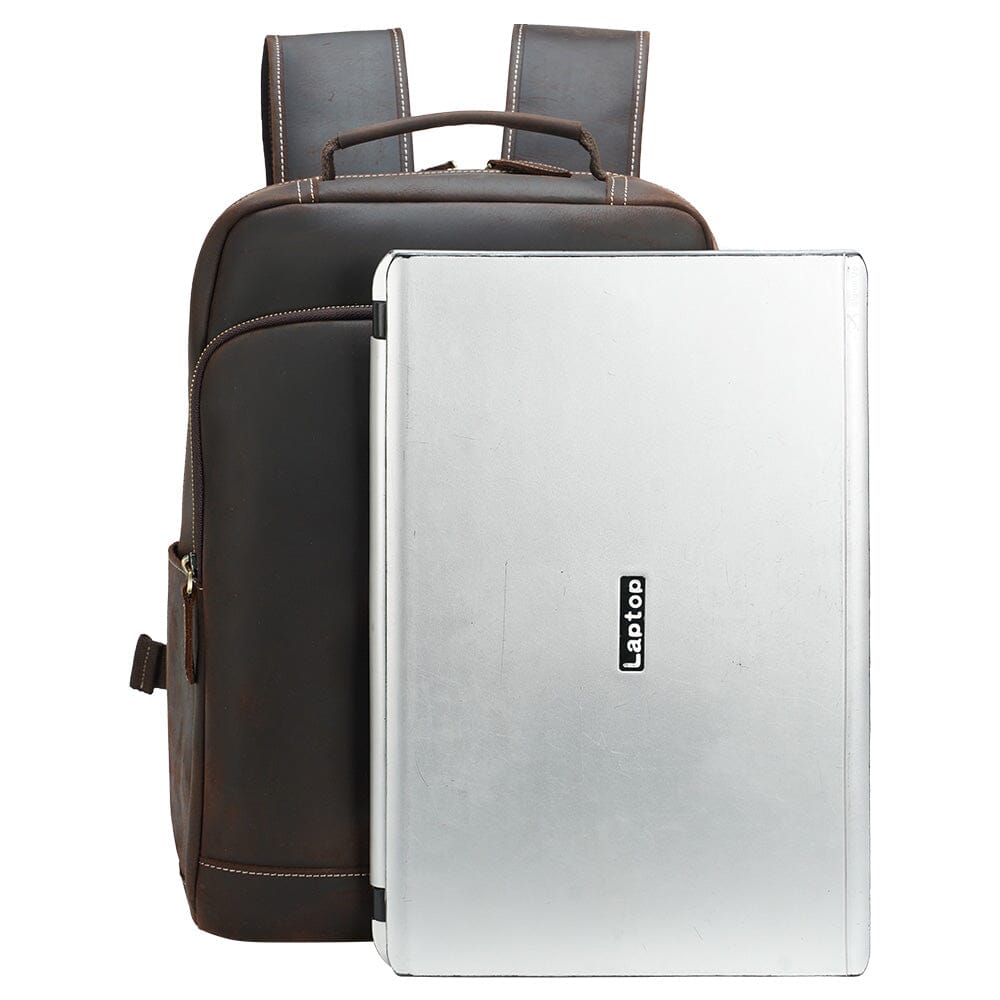 brown crazy horse backpack with a 15.6" laptop